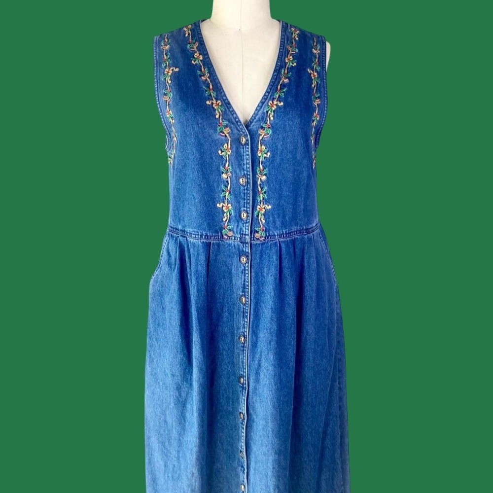 Vintage Denim Christmas Dress Embroidered Apron Style Size 12